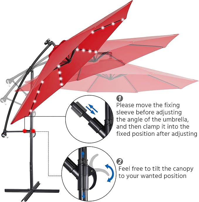 Yaheetech 10FT Solar Offset Umbrella with 32 LED Lights Cantilever Hanging Outdoor Umbrellas Handy Crank & Cross Base for Lawn/Deck/Backyard/Pool Red