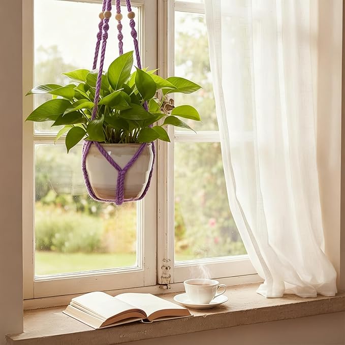 Macrame Plant Hanger, Up to 4-15 inch Pots, Wood Beads Cotton Hanging Planter Holder for Indoor Outdoor Boho Home Decor, 35 Inch, Set of 2 (Purple)