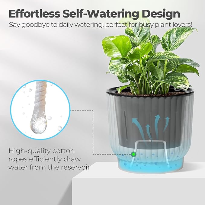 T4U 7 Inch Self Watering Pots for Indoor Plants, 4 Pack Plant Pots, Self Watering Planter for Indoor Plants, Durable Plastic Pots (4 Pack, 7", White)