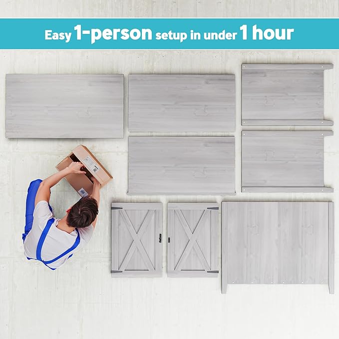 Outsunny Wood Garden Shed, Compact Outdoor Storage Cabinet Potting Shed with Inner Shelf and Double Doors for Backyard, Patio, Lawn, Light Gray