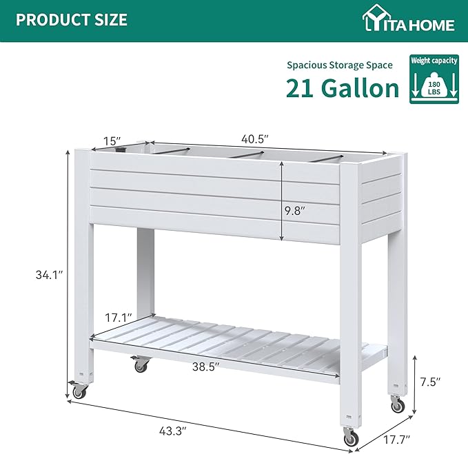 YITAHOME 43.3x17.7x34 in Elevated Garden Bed 2pcs, Outdoor Plastic Planter Box with Wheels, Legs, Drain Plug, and Storage Shelf for Plants, Vegetables, Flowers, Herbs, Grayish-White