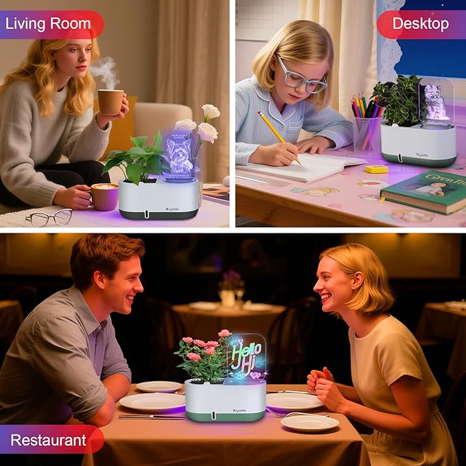 Self-Watering Plant Pot with LED Note Board & 7 Colors Pen Acrylic Message Board with Light Acrylic Dry Erase Board, Led Cat Board Night Light with Planting Pot for Christmas(No Plant&Seed)