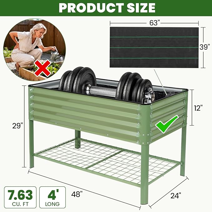 Elevated Raised Garden Bed 2' x 4'- Galvanized Metal Planter Boxes with Legs & Storage Rack, Outdoor Planters for Backyard/Patio/Balcony, with Drainage Holes for Vegetables, Flowers, Herbs, Green