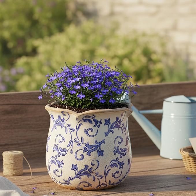 Retro Distressed Ceramic Flower Pots, Antique Crackle Glaze Planters with Drainage for Indoor Plants, Blue and White Chinoiserie Pottery Vase for Living Room Balcony Office Decor, Gardening Gifts