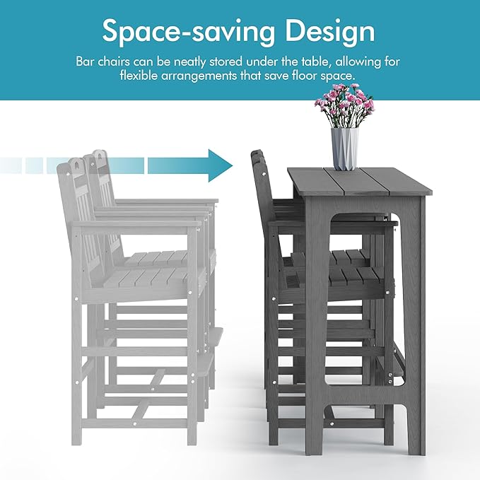 Ciokea 3 Pcs Outdoor Bar Height Table Set, 60" Extra Long Rectangle High Top Table and 2 Oversized Adirondack Chairs Set, Heavy-Duty All-Weather HDPE Patio Bar Set for Backyard Balcony Deck,Grey