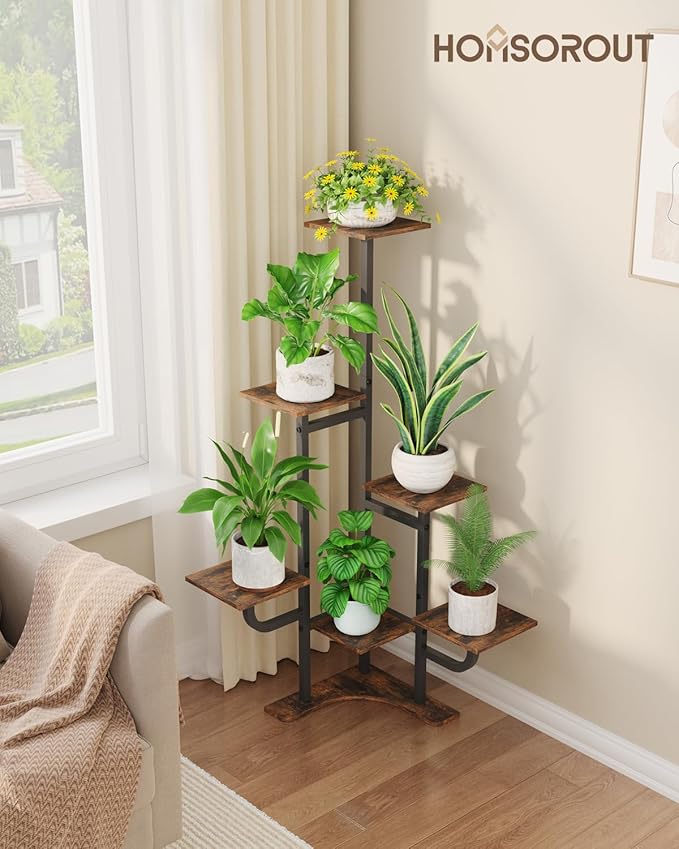 Corner Plant Stand Indoor - 6 Tiered Indoor Plant Stand Square Metal Plant Shelf, Plant Organizer for Living Room, Graden, Balcony, Home Decor (Brown)