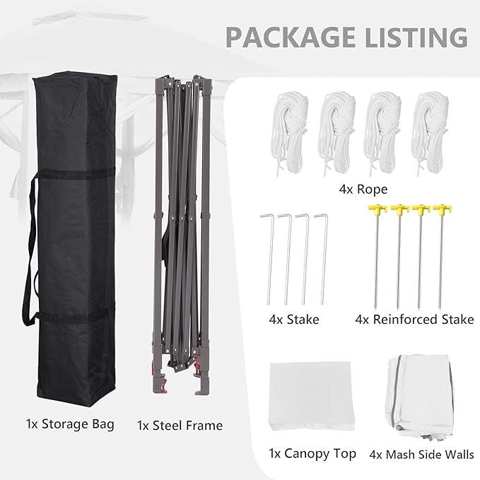 GDY 11x11 Pop Up Canopy Tent, Outdoor Canopy with Netting, Outdoor Gazebo for Backyard, Tent with Hand Bag, White.
