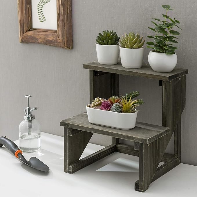 MyGift 2 Tier Rustic Dark Gray Wood Desktop Plant Rack, Farmhouse Style Planter Stand, Desk Display Organizer, Standing Flower Pot Shelf for Garden, Living Room
