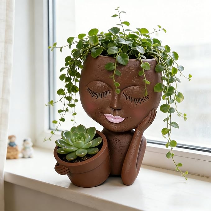 Face Double Plant Pot - Cute Succulent Head Planters Indoor Outdoor Decor, Resin Flower Pots with Drainage Hole, Unique Ideal Present, Gifts for Women/Mother