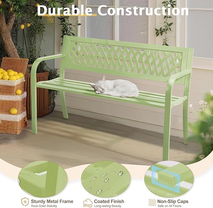 VINGLI 47'' Outdoor Bench, Weather Resistant Garden Patio Bench Powder Coated Iron Frame w/PVC Mesh Backrest Slatted Seat, 2-Person Outdoor Furniture for Front Porch Entryway Park (Green)