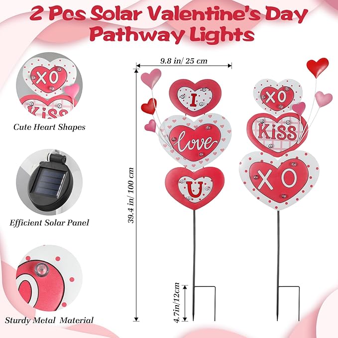 Lewondr 2 Pcs Valentine's Day Decorations Outdoor, Metal Solar Pathway Lights, Love Heart Decorative Garden Stakes Lights with 18 LED Beads, Waterproof Yard Signs for Porch Lawn Wedding Anniversary