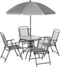 Outsunny 6 Piece Patio Dining Set for 4 with Umbrella, Outdoor Table and Chairs with 4 Folding Dining Chairs & Round Glass Table for Garden, Backyard and Poolside, Gray