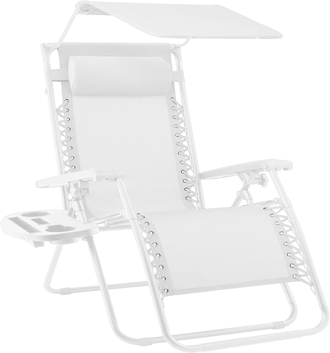 Best Choice Products Folding Zero Gravity Outdoor Recliner Patio Lounge Chair w/Adjustable Canopy Shade, Headrest, Side Accessory Tray, Textilene Mesh - Snow