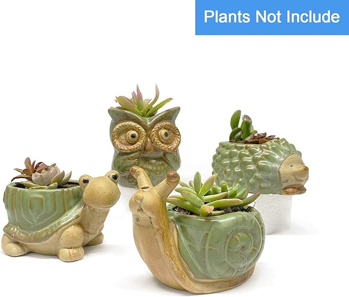 Small Ceramic Succulent Pot with Drainage, Animal Succulent Planter, 4.4 Inch Flower Pots, for Flower, Cactus, Mini Succulent Plants, Indoor and Outdoor use, Set of 4 Garden Gift