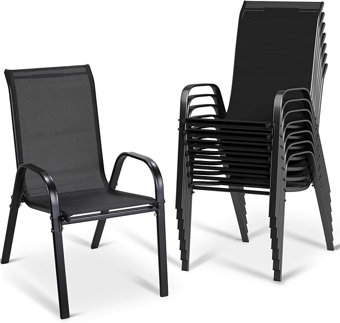 MAMIZO Patio Dining Chairs, Stackable All Weather Teslin Chair, Heavy Duty Outdoor Breathable Chairs Set, w/Armrests, Upgraded Chair FeetW/Strenthened Iron Spacers, 330 LBS (8, Black)