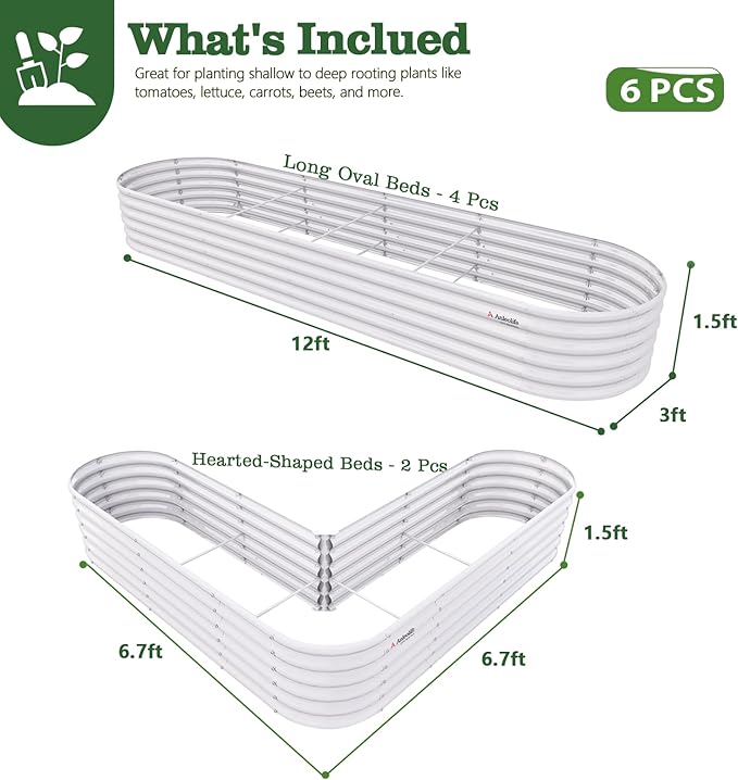 A ANLEOLIFE Set of 6, 18 Inch Tall Antique White Raised Garden Beds Kit, Heart-Shaped & Long Oval Planters for Custom Decorative Gardens.