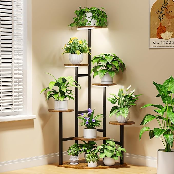 Corner Plant Stand with Grow Lights, 7 Tiered Plant Shelf Indoor, 43" Corner Plant Stands for Indoor Plants, Metal Plant Flower Display Shelves, Plant Organizer Rack for Living Room, Balcony, Home Decor（Round)