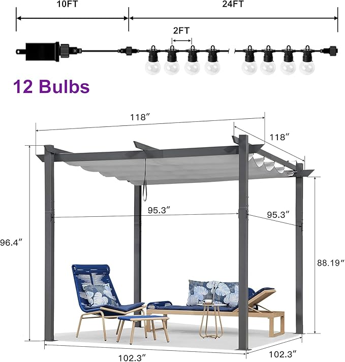 PURPLE LEAF 10' x 10' Outdoor Retractable Pergola with Double Sun Shade Canopy Patio Aluminum Pergola Metal Shelter with Light for Backyard Deck Garden, White