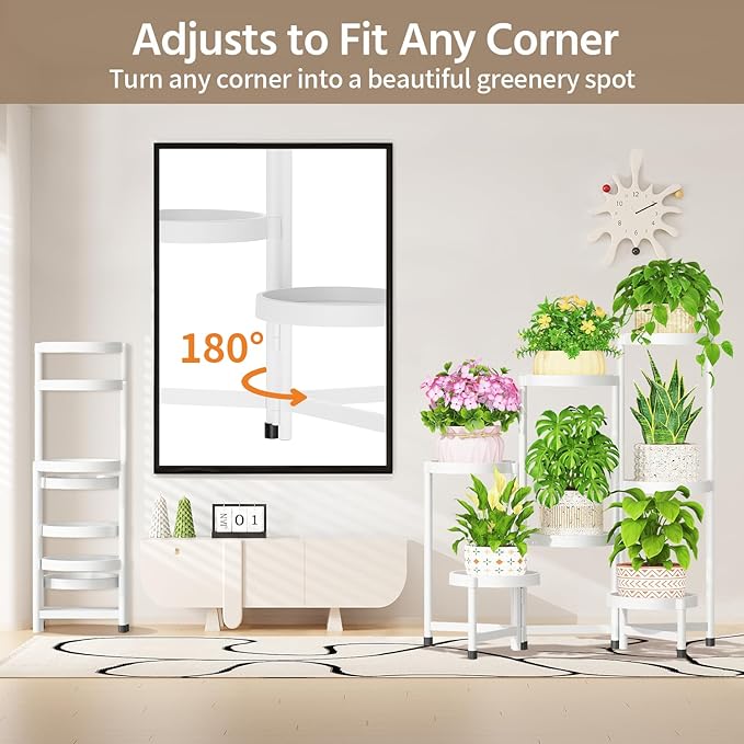 LASZOLA 7 Tiered Folding Plant Stand Indoor for Multiple Large Planter, Tall Heavy Duty Adjustable Rack with Rust Proof Plastic Shelving, Sturdy Vertical Tree Organizer for Narrow Inside Floor, White