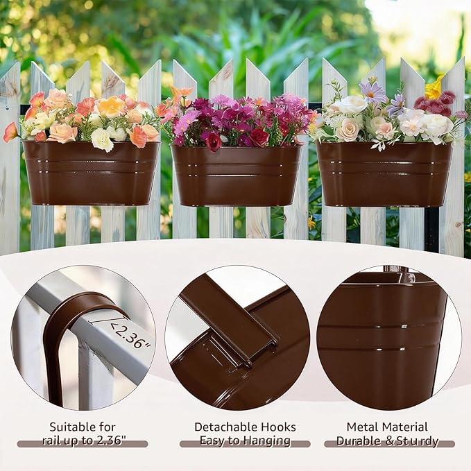 3 Pack Metal Railing Planters, 10.5" Oval Hanging Flower Pots with Detachable Hooks & Drainage Holes, Fits Rails up to 2.36", Galvanized Iron Fence Bucket for Balcony Garden Patio - Chocolate