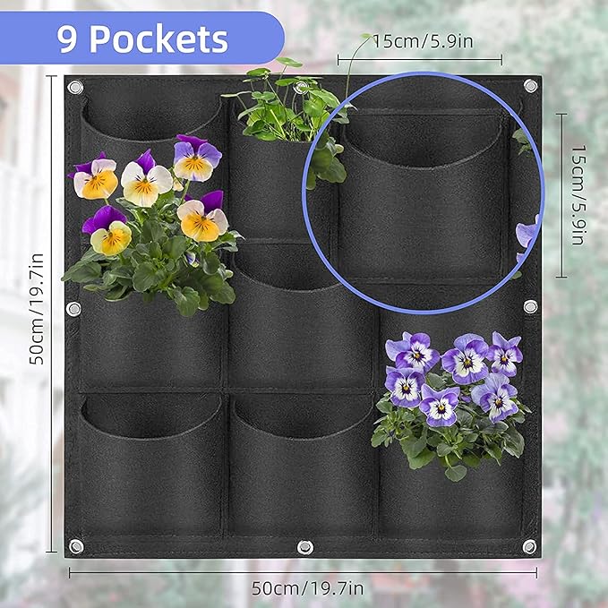 9 Pockets Hanging Planter Bags, Hanging Vertical Wall Mounted Plant Planting Grow Bags, Herb Garden Planter Outdoor Indoor Growing Bag, Gardening Vertical Greening Flower Container(0.5m×0.5m, Black)