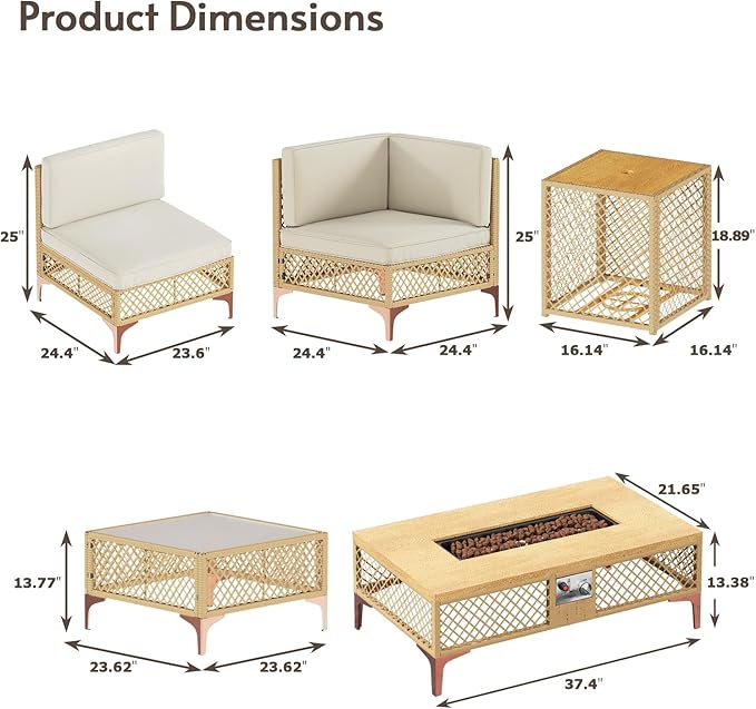 LYNSLIM Outdoor Patio Furniture Set, Wicker Outdoor Sectional Set with Large Fire Pit Table, Boho Patio Conversation Sectional Sofa with Large Tempered Glass Coffee Table and Waterproof Cushion