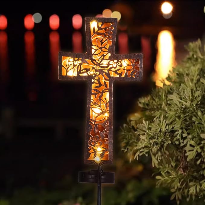 Solar Cross Garden Stake Lights 38inch Metal Outdoor Waterproof Memorial Garden Decor 2 Lighting Modes Cemetery Decorations for Grave for Remembrance Gifts & Sympathy Gifts