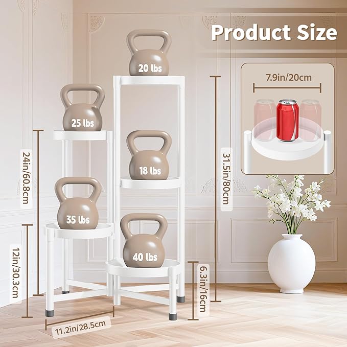 LASZOLA 5 Tiered Folding Tall Plant Stand Indoor for Multiple Large Planter, Heavy Duty Metal Adjustable Flower Rack for Narrow Corner, Sturdy Vertical Spiral Shelving Holder for Modern House, White