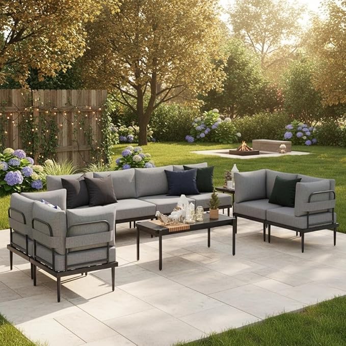 Sundale Outdoor 9 Pieces Patio Furniture Set, U-Shaped Outdoor Sectional Sofa with 6 Inch Olefin Cushion and Coffee Table, Modern Metal Outdoor Conversation Sets for Backyard, Poolside, Sunroom
