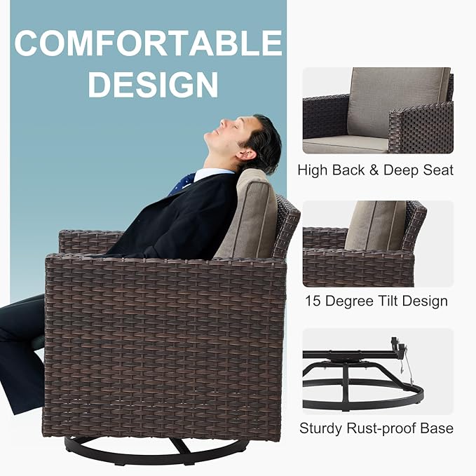 Belord Patio Conversation Set with Swivel Glider Chairs - 9 Piece Outdoor Sectional Furniture Set with Storage Box and Metal Top Table Brown Wicker/Gray Cushions