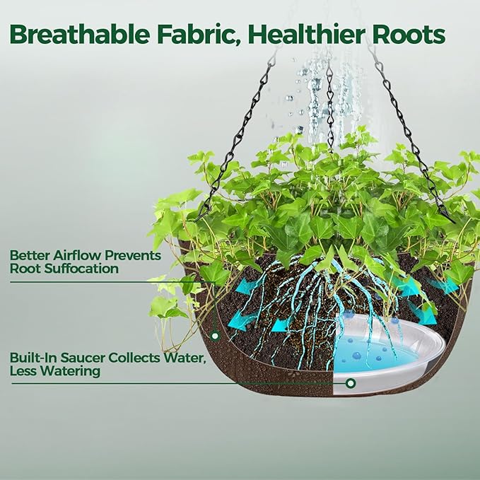 T4U Hanging Planters for Outdoor Plants, 12 Inch 6 Pack Fabric Hanging Baskets with Drainage Tray, Decorative Hanging Pots for Plants Outdoor Patio Porch Garden Use（Brown）