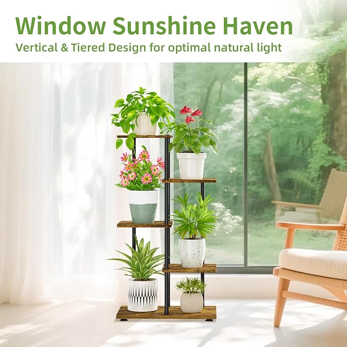 iDavosic.ly 4 Tier Plant Stand Indoor, Tiered Corner Metal Wood Multiple Flower Holder Shelf, 34 Inch Tall Orchid Display Rack for Patio Porch Living Room Balcony Outdoor, Modern Black & Rustic Brown