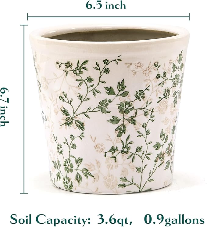 Ceramic Planter with Drainage Hole, Plastic Tray & Mesh, 6.7 Inch - Indoor/Outdoor Flower Pot for Orchids, Succulents, Green Floral Modern Farmhouse Décor for Home,Office and Garden, Ideal Gift