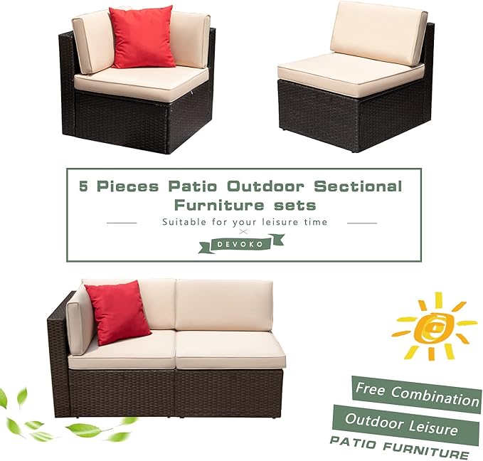 Devoko Patio Furniture Sofa Sets Outdoor All-Weather Sectional Corner Sofa and Armless Small Couch (Beige, 2 PCS Patio Sofa Set)