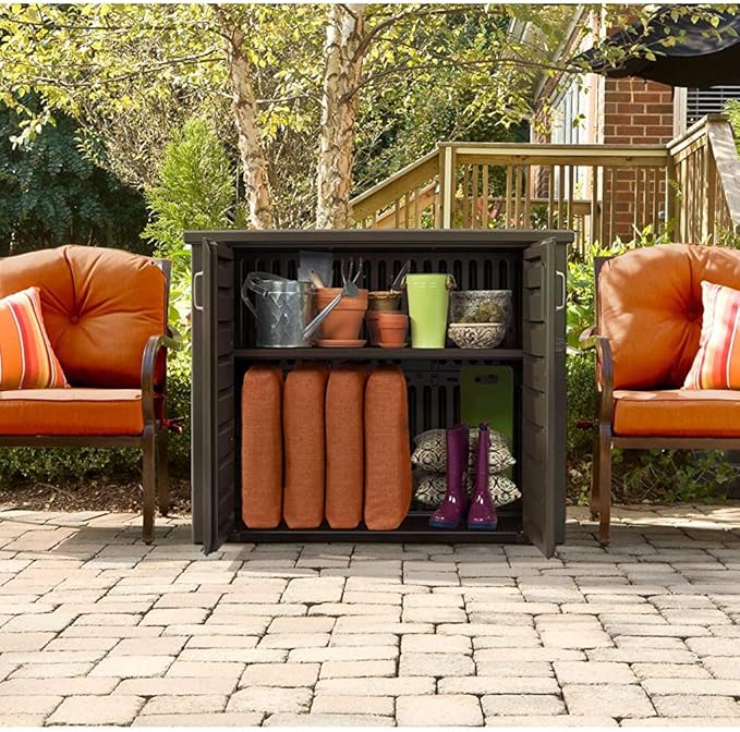 Rubbermaid Decorative Outdoor Storage Cabinet (123 Gal) Weather Resistant Dark Brown Organization for Home/Backyard/Pool Chemicals/Toys/Garden Tools/Porch/Patio Cushions