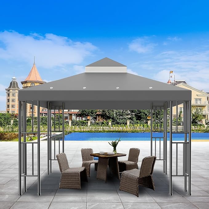 Sumfaller 10x10 FT Gazebo Replacement Canopy Top Cover Double Tiered Canopy Top Cover for Outdoor BBQ Roof Cover Grill Shelter (Grey)
