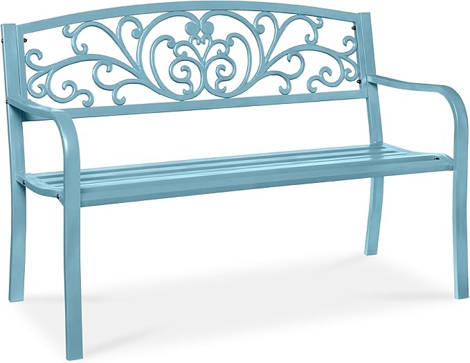 Best Choice Products Outdoor Bench Steel Garden Patio Porch Furniture for Lawn, Park, Deck w/Floral Design Backrest, Slatted Seat - Sky Blue