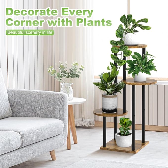 Plant Stand Indoor, 4 Tier Thickened Metal Corner Plant Shelf for Multiple Plants, Indoor Plants Tiered Flower Pot Stand for Patio Garden Balcony Living Room Bedroom (Black)