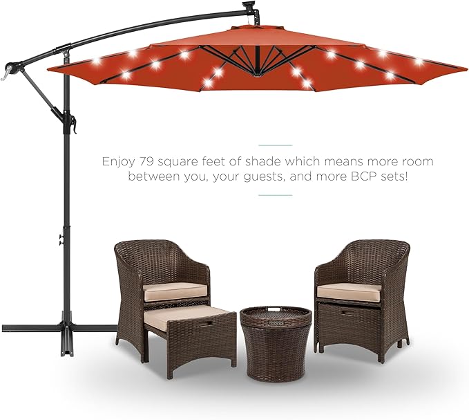 Best Choice Products 10ft Solar LED Offset Cantilever Hanging Market Patio Umbrella, 8 Sturdy Ribs, Easy Adjustment - Rust