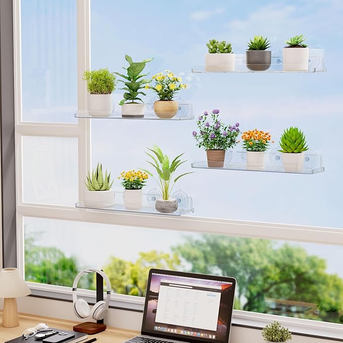 Lifewit Window Plant Floating Shelves 14.6x3.6, 2 Pack Acrylic Suction Cup Shelf, Window Sill Extender for Indoor Succulent Plants, Micro Greens, Seed Starter Pots, Herb Planters 37 x 9 cm/14.6x3.6