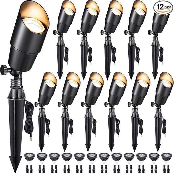 Gardenreet LED Spot Light Outdoor - Die-Cast Brass 12V Uplighting Waterproof, Low Voltage Landscape Lights Metal, Black for Fence Fountain with Bright White MR16 Replaceable Bulbs (12 Pack)