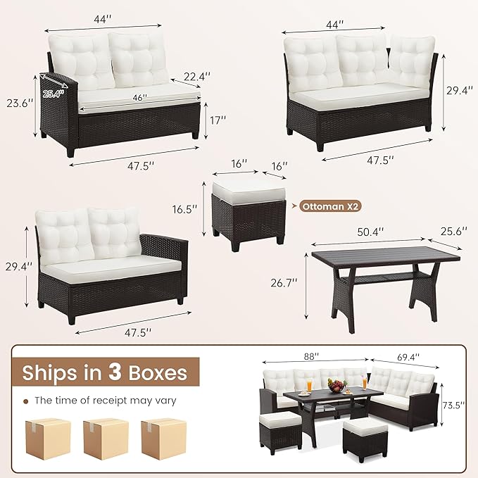 KROFEM6-Piece Patio Furniture Set, Outdoor Sectional Sofa with Dining Table & Chairs, All-Weather Dining Set with Removable Cushion Covers, Ideal for Garden, Porch, Backyard, White