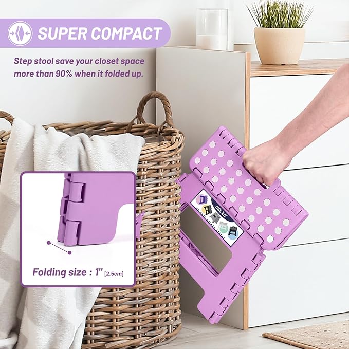 Delxo 9 inch Folding Step Stool, Non-Slip Foldable Small Stools Up to 300 LBS, Kids Step Stool with Handle Lightweight for Kitchen, Bathroom, Bedroom, Garden, Light Purple, 1PC