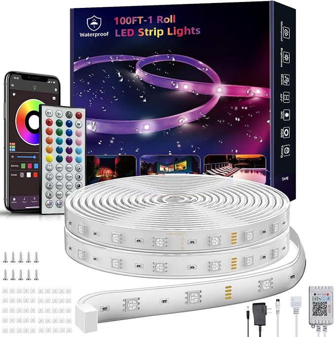 Outdoor Led Strip Lights Waterproof 98ft (1 Roll), Ip65 Outside Led Light Strip Waterproof with Remote and App Control, Exterior Led Rope Lights Music Syne RGB Strip Lights for Bedroom Decor