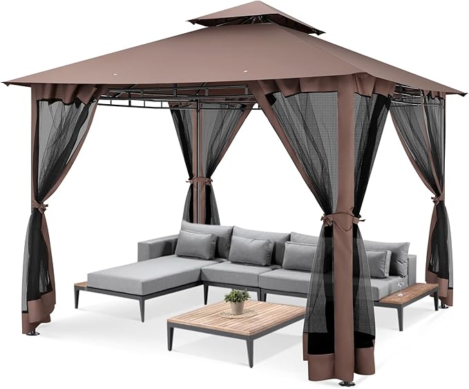 COBIZI Gazebo 10x10 Heavy Duty Gazebos with Improved Nettings Outdoor Gazebo Double Roof Patio Gazebos with Metal Steel Frame Outdoor Canopy for Patio, Deck, Backyard-Brown