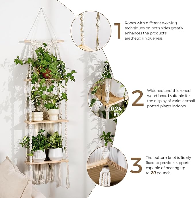 Bamworld Plant Wall Shelf Boho Plant Stand Window Plant Shelf 3 Tier Macrame Plant Hangers Boho Room Decor Hanging Shelf for Bedroom, Living Room, Balcony