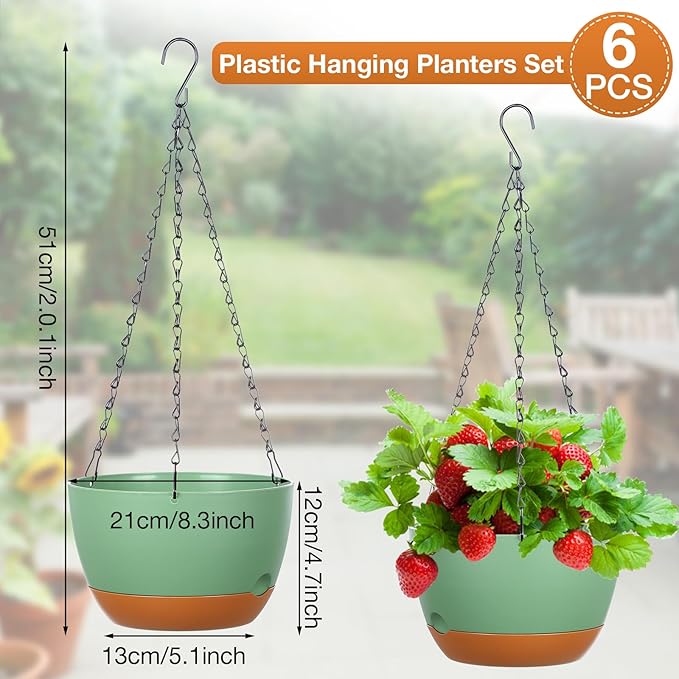 Mumufy 6 Pcs 8 Inch Hanging Planters for Indoor and Outdoor Plants, Green