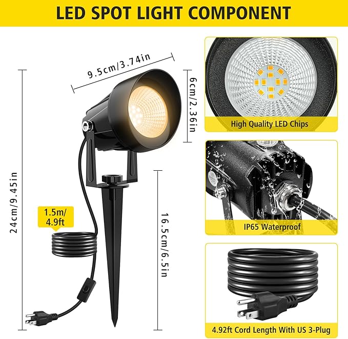 Landscape Spot Lights Outdoor, Dusk to Dawn Outdoor Lighting with IP65 Waterproof, 3000K Warm White Plug in Spotlight for Yard Tree Wall Pathway Flag Pole House, 4 Pack