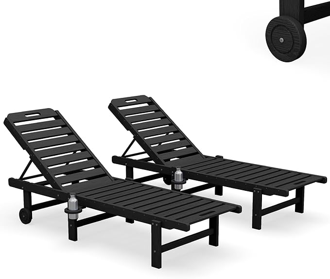 SERWALL Outdoor Chaise Lounge Set of 2, All-Weather HDPE Pool Lounge Chairs with 5-Position Adjustable Reclining Backrest, Rolling Wheels & Cup Holder for Poolside, Black