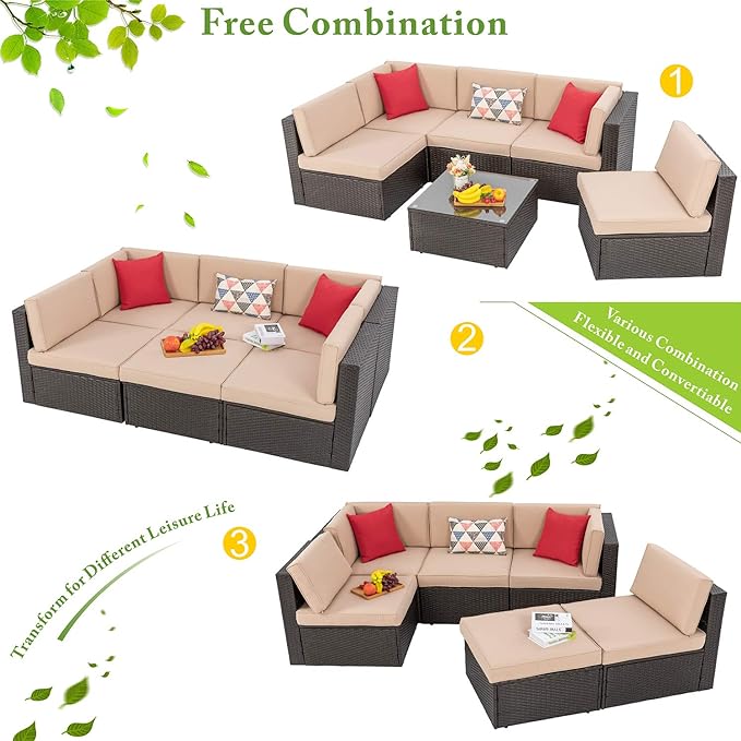 Vongrasig 6 Piece Patio Furniture Set, Small Outdoor Sectional Sofa Couch, All Weather PE Wicker L-Shaped Corner Patio Sofa Garden Backyard Patio Conversation Set w/Glass Table, Beige